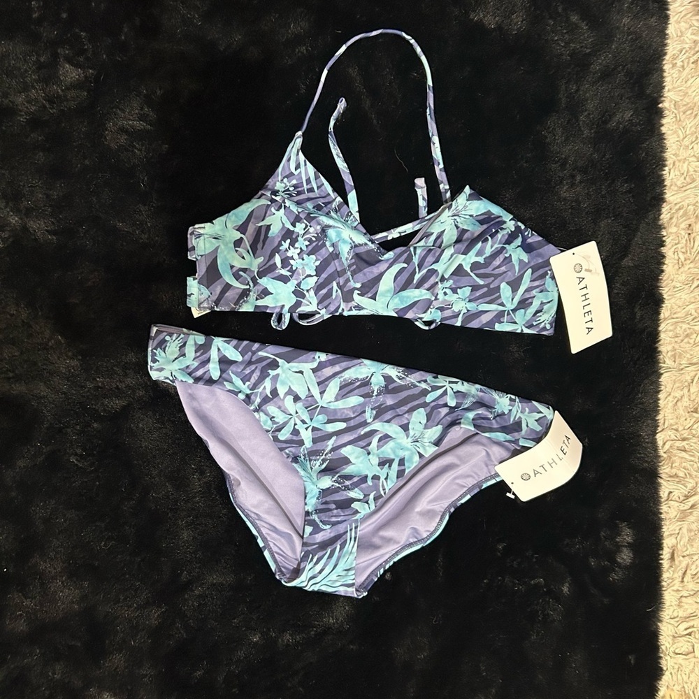 NWT Athleta Palm Tropic Bikini SET Large Top & XL Bottom Island Blue Purple Swim